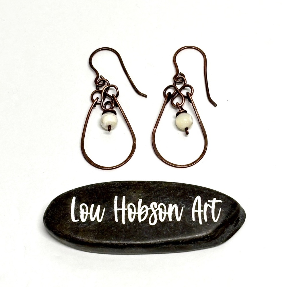 HANDMADE Mother of Pearl Wire Wrapped Copper Dangle Earrings, Gift for Mom Her - Picture 10 of 10